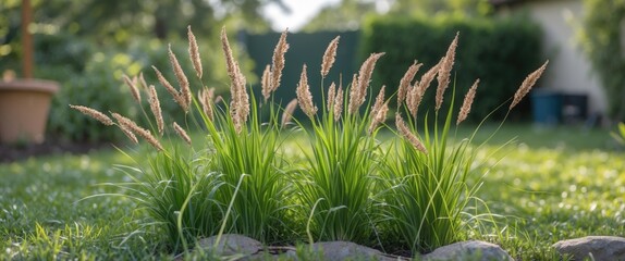 Poster - Lush Mini Elephant Grass Thrives in Backyard Setting with Natural Light and Ample Copy Space for Text Overlay