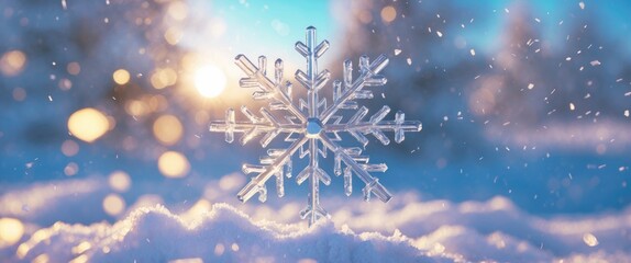 Poster - Closeup of a snowflake in winter landscape with sunlight shining through soft snow creating a serene and cold seasonal atmosphere.