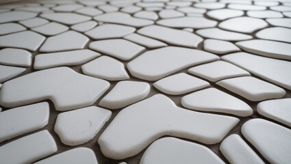 Poster - Abstract white floor tiles creating a unique textured pattern ideal for modern interior designs and architectural visuals.