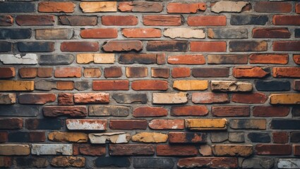 Poster - Vintage brick wall texture with varied colors and weathered finish ideal for backgrounds or design projects.