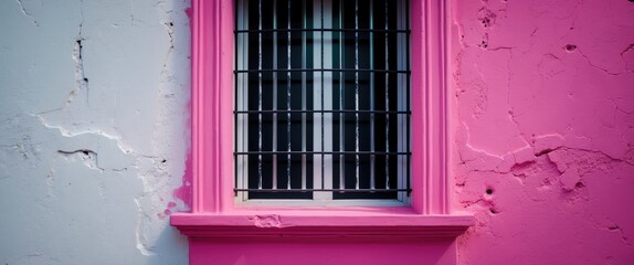 Poster - Vibrant window framed in pink and white facade featuring a contrasting metal grid for added security and artistic flair.