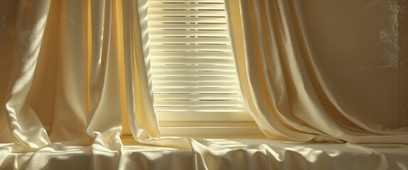 Poster - Elegant white curtains draped by the window allowing soft light to filter through enhancing the warm ambiance of modern interior design.