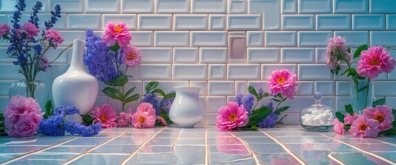Poster - Elegant floral arrangement with white tile background creating a serene and refreshing atmosphere for home or interior design projects.
