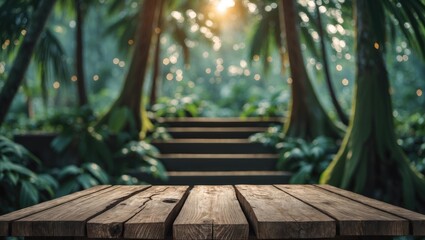 Poster - Grunge Wood Table Top With Tropical Forest Background Bokeh Light Ideal For Product Display Mockup And Advertising Campaigns