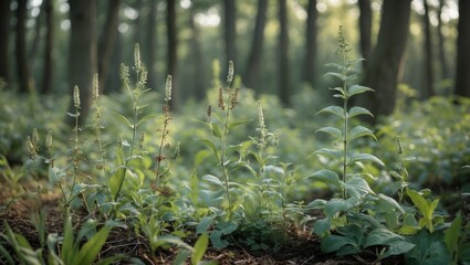 Poster - Lush Green Wild Plants in Serene Forest Setting With Ample Copy Space for Text Overlay Usage