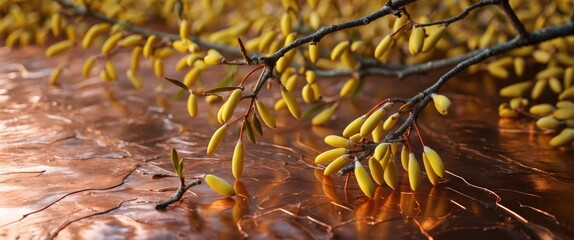 Poster - Willow catkins delicately resting on a gleaming copper surface with ample copy space for creative design applications.
