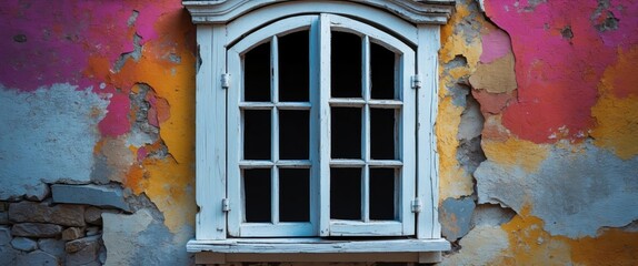 Poster - Charming white wooden window framed by vibrant, peeling paint on an old wall showcasing rustic architectural beauty and texture.