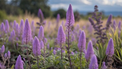 Poster - Lush Purple Kencana Flower Field Blooming Under Soft Daylight in Natural Landscape Setting