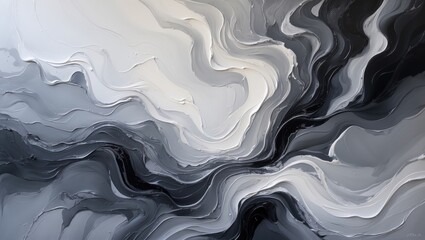 Aufkleber - Monochromatic abstract oil painting featuring swirling white and grey textures creating a serene and fluid visual composition.