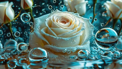 Poster - Delicate white rose immersed in mineral water with air bubbles captured through macro photography creating a serene and refreshing ambiance.