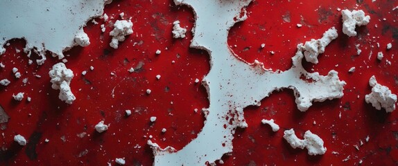 Aufkleber - Red textured background with white blemishes and stains creating an abstract and weathered appearance for artistic and design use.