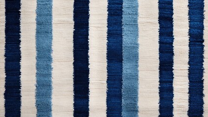 Poster - Blue and white striped area rug with textured surfaces against a light background ideal for interior design and home decor photography