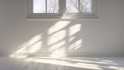 Poster - Natural light casting shadows on a white wall from a window creating a serene and minimalist interior atmosphere.