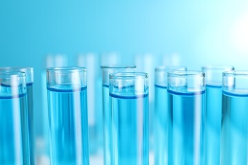 Wall Mural - Test tubes with blue liquid on blurred background, closeup