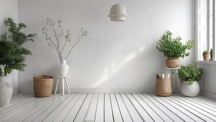 Poster - Bright minimalist interior with white walls and wooden floor featuring plants and natural decor for a serene atmosphere.