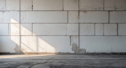 Poster - textured white cement wall with shadow and empty floor for home decor or industrial design background use