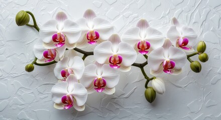 Poster - Elegant white orchid branch with delicate pink blossoms on a textured white background showcasing floral beauty and grace.
