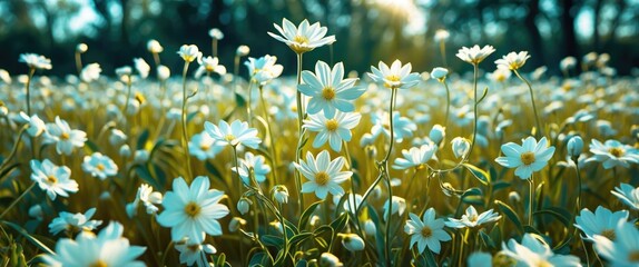 Poster - Sunlit Field of White Flowers in Bloom with Soft Green Grass and Trees in Background