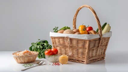 Poster - Wicker Basket Filled With Fresh Vegetables And Fruits On A Light Background Perfect For Healthy Lifestyle Concepts
