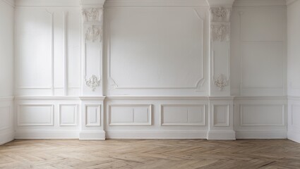 Poster - Elegant white wall with classic architectural details and wooden herringbone flooring in a spacious interior setting.