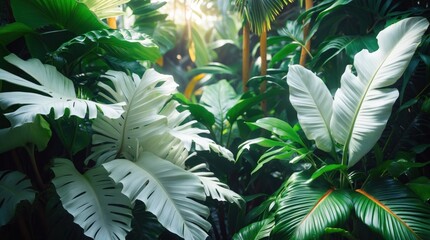Poster - Vibrant tropical foliage featuring a mix of white and green leaves against a lush background highlighting nature's beauty and diversity.