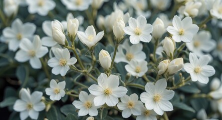 Poster - Delicate White Flowers with Green Foliage Offering Ample Copy Space for Text Overlay in Botanical Backdrop