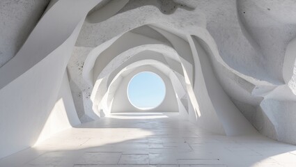 Poster - Abstract architectural space with flowing white walls and a circular window allowing natural light to create a serene atmosphere.