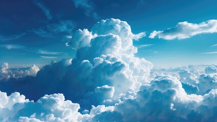 Poster - Fluffy White Clouds Against a Bright Blue Sky with Space for Text in a Serene and Calming Atmosphere Perfect for Background Use