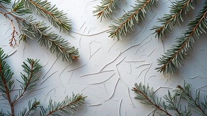 Poster - Textured background with white cedar branches arranged artfully on a smooth surface showcasing natural greenery and organic patterns.