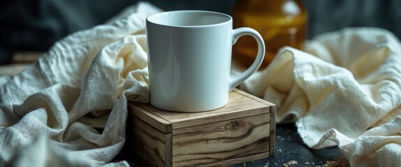Poster - Minimalist white mug on wooden box with soft cheesecloth, creating a rustic and tranquil setting for themed beverage photography.