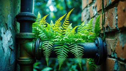 Poster - Vibrant green ferns flourishing between an aged pipe and a brick wall in a serene outdoor setting.