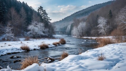 Poster - Serene winter landscape featuring a forest, a gently flowing river, and snowy banks under a cloudy sky in a tranquil natural setting.