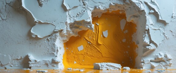 Poster - Abstract peeling plaster wall with a vibrant yellow underlayer creating a striking textured background ideal for design projects.