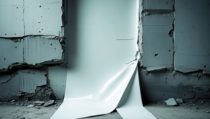 Poster - Peeling white sheet revealing a textured cement wall showcasing a contrast between smooth and rugged surfaces in an industrial setting