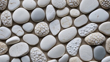 Poster - Smooth white pebble stones texture with varied shapes and sizes perfect for backgrounds or decorative designs in natural settings.
