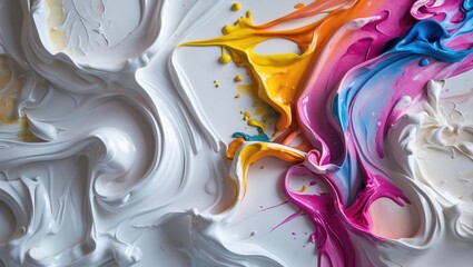 Poster - Vibrant abstract oil paint swirls in bright colors on a textured white background for artistic and creative design projects.