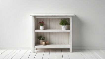 Poster - White wooden shelf table with plants, isolated on a bright background, ideal for showcasing products in home decor and interior design settings.