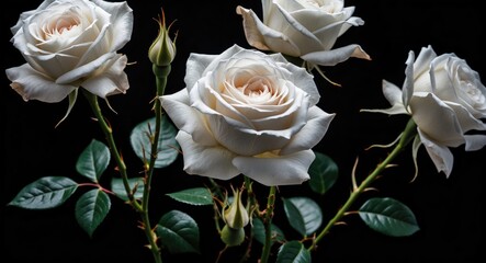 Poster - Elegant White Roses with Green Leaves on a Dark Background Showcasing Natural Beauty and Grace in Floral Arrangement.