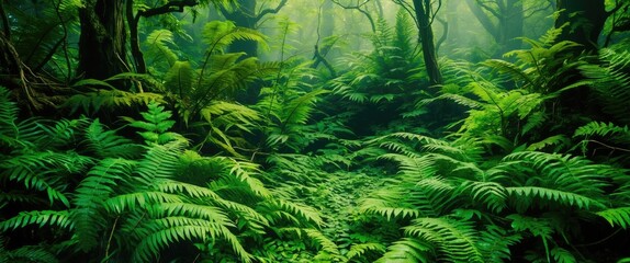 Poster - Lush fern landscape showcasing vibrant green foliage in a serene forest setting, highlighting ecological beauty and natural tranquility.