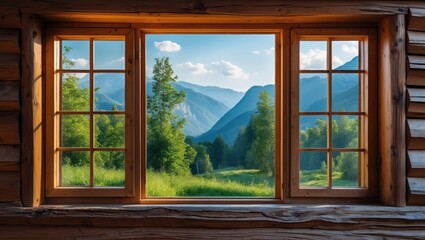 Poster - Wooden window frame showcasing a stunning mountain view in summer, symbolizing tranquility and a connection with nature. Ideal for travel themes.