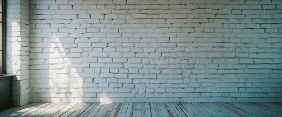 Poster - White brick wall with natural light showcasing potential for creative interior design and decorative wall treatments.