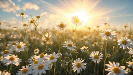 Poster - Sunlit chamomile wildflowers blooming in a field during sunset, creating a serene and picturesque natural landscape.
