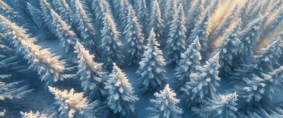 Poster - Aerial view of snow-covered trees in a winter forest showcasing serene beauty and tranquility in nature.