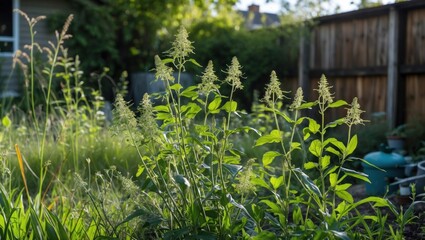Poster - Lush wild plants flourishing in a backyard setting showcasing natural greenery and vibrant growth in a serene outdoor environment.