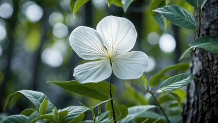 Poster - Delicate White Flower Blossom Surrounded by Lush Green Leaves in Soft Focus Natural Background