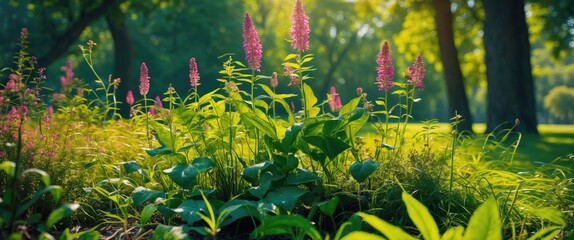Poster - Vibrant wildflowers and lush greenery glowing in sunlight within a serene park setting showcasing nature's beauty and tranquility.