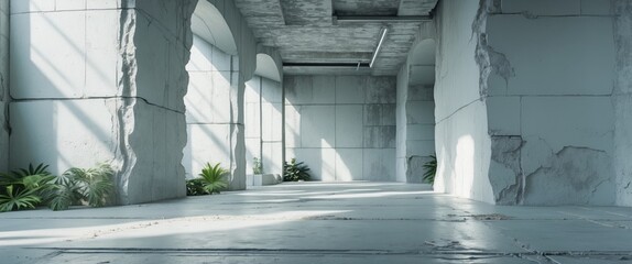 Poster - Modern concrete interior with natural light and greenery creating a serene atmosphere ideal for wallpaper or background design.