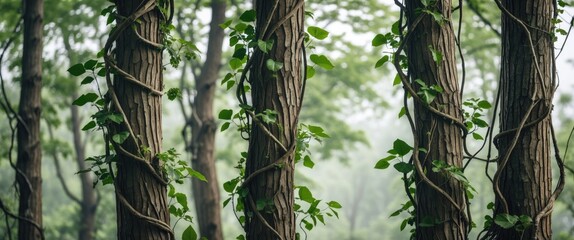 Poster - Forest Tree Trunks Wrapped in Climbing Vines and Green Leaves Surrounded by Lush Foliage with Natural Light and Soft Focus Background
