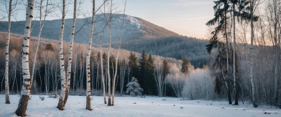 Poster - Snowy Birch and Pine Forest Landscape on Mount Snezhynka with Soft Morning Light and Space for Text Overlay