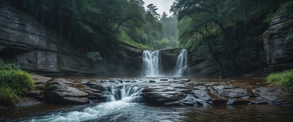 Poster - Serene Rainforest Waterfall Cascading Over Rocky Terrain Surrounded by Lush Greenery and Misty Atmosphere with Space for Text Overlay